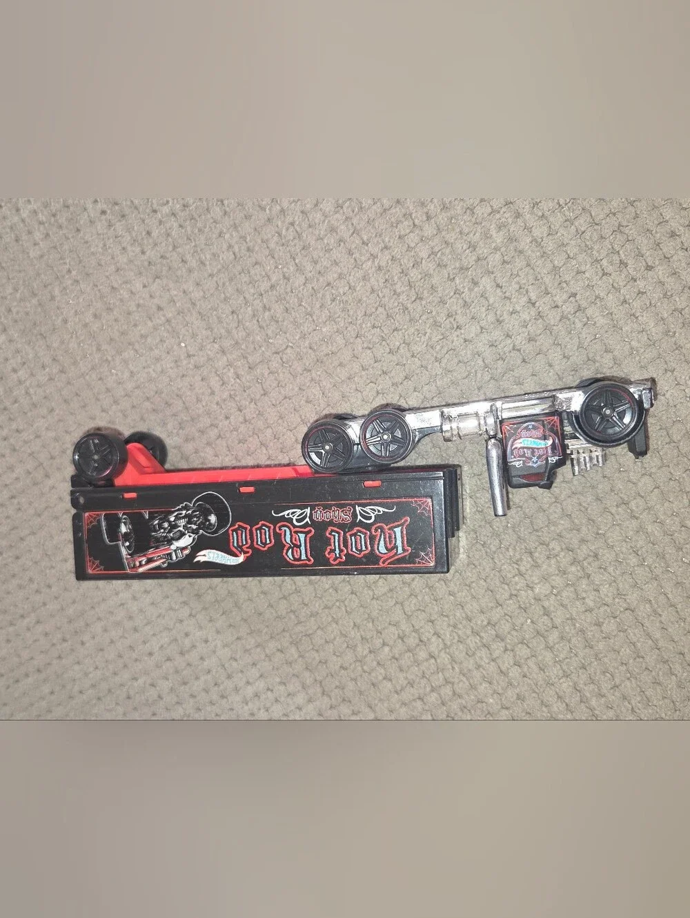 2013 Loose Hot Wheels Bone Shaker Red Hot Rod Shop Road Roller Truck Trailer